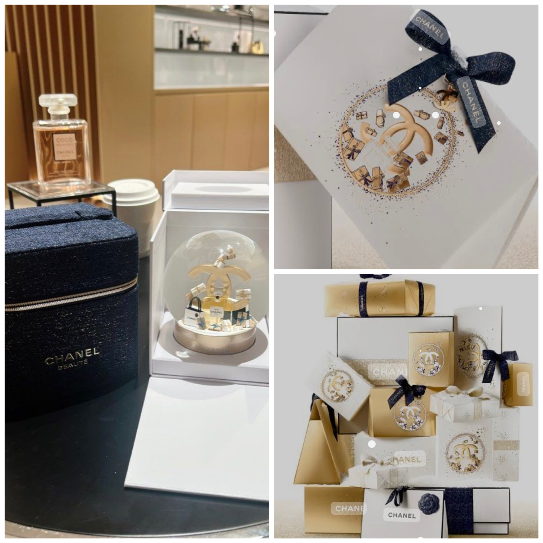 Hermosas cajas de regalos navideños con pines con el icónico logo doble C y el No.5 en Oro Reluciente